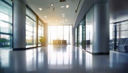 Obraz premium Blurry scene business office background. Lobby reception hall interior or empty indoor foyer meeting room with blurry light from glass wall window.