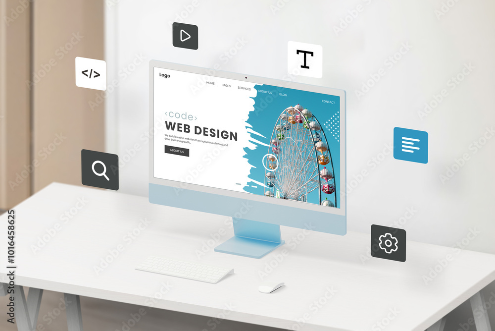 Poster Modern computer display in an isometric view on a work desk, showcasing a web design studio page with floating web modules like text, icons, settings, code, play, font, and search