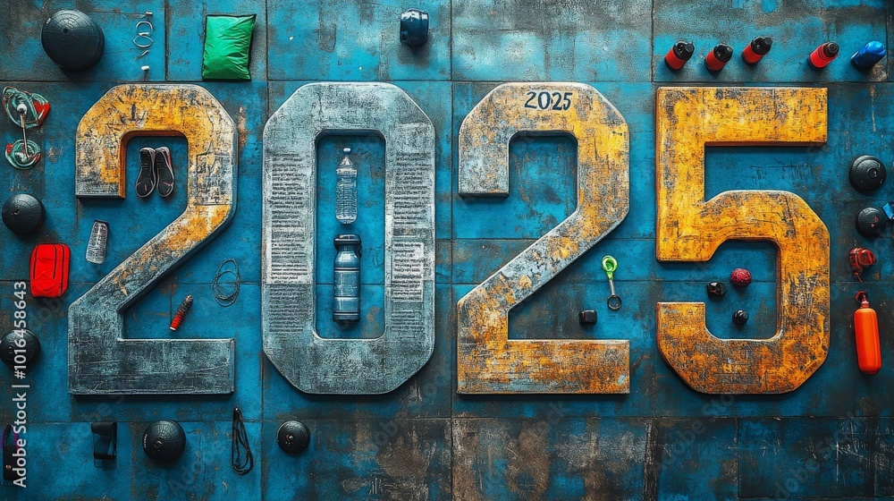 Poster creative display of workout gear arranged to form the number 2025 in a gym setting