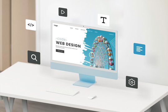 Modern computer display in an isometric view on a work desk, showcasing a web design studio page with floating web modules like text, icons, settings, code, play, font, and search