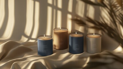 Four candles with textured surfaces on a draped cloth surface, reflecting warmth and tranquility.