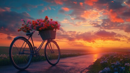 Naklejka premium vintage bicycle A basket filled with colorful flowers Standing on an empty road at sunset The warm hues of the setting sun illuminate the sky in vibrant oranges and pinks.