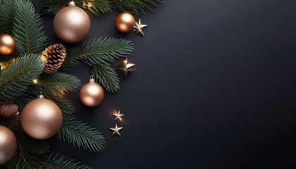 Christmas elegant decorations with elegant and sophisticated lighting and balls. Pine branches, composition for premium marketing materials