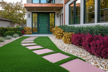 Obraz premium A sleek yard with blush pink synthetic grass, a walkway of ivory pebbles to a forest green door, complemented by gold shrubs and ruby flowers The home has beryl windows and a copper roof