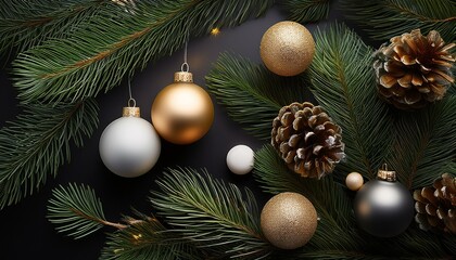Christmas elegant decorations with elegant and sophisticated lighting and balls. Pine branches, composition for premium marketing materials
