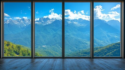 View of mountain range through large windows in an empty room.