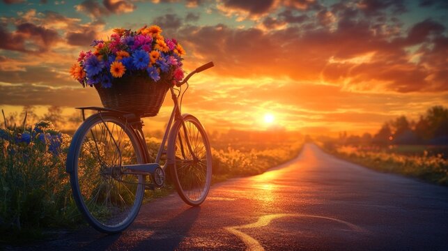 vintage bicycle A basket filled with colorful flowers Standing on an empty road at sunset The warm hues of the setting sun illuminate the sky in vibrant oranges and pinks. - Powered by Adobe