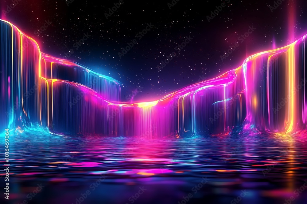 Poster geometric shapes and flowing forms interact on a sleek black backdrop, enhancing visual interest in 