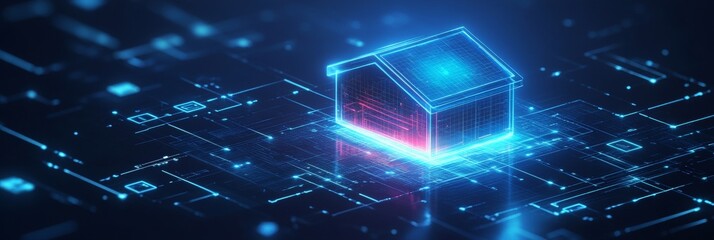 Futuristic Holographic Home Icon, glowing blue silhouette, sleek gradient backdrop, minimalistic design, digital ambiance, modern aesthetics