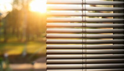 Close-up aluminum Venetian blinds on modern window.