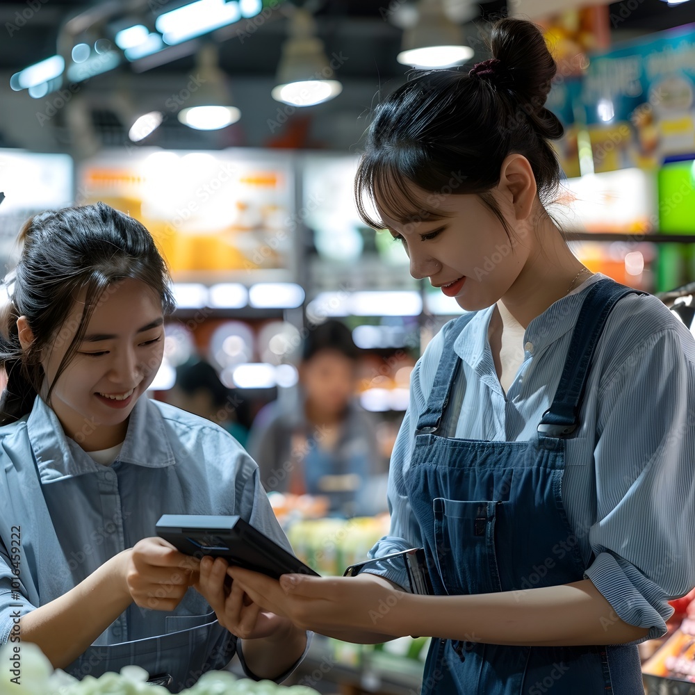 Poster retail workers using mobile payment systems for convenient customer service and faster transactions