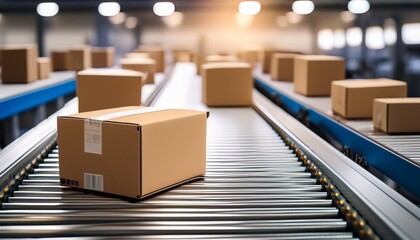Close-up of multiple cardboard box packages on conveyor belt