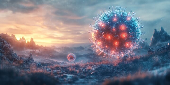 Holographic Virus in Shield, a luminous virus surrounded by a radiant shield, set against a softly blurred futuristic cityscape backdrop - Powered by Adobe
