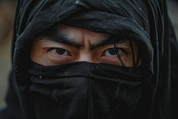 Naklejka premium Japanese ninja warrior dressed in samurai clothes holding a sharp sword