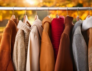 Clothes hanging in row. Many clothes for autumn or fall season.