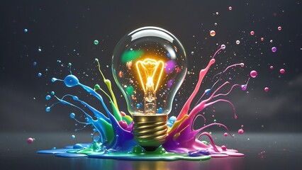 The glass bubbles of the luminous light bulb are covered with colorful liquids and collide fiercely, creating a creative concept for the light bulb
