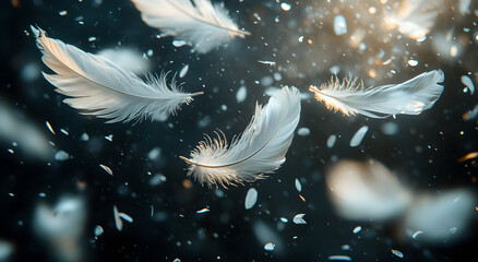 A photograph of white feathers floating in the air with a soft focus, creating a dreamy and ethereal atmosphere.
