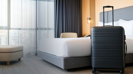 A black suitcase with wheels sits neatly on a wooden shelf within a modern hotel room, highlighting the anticipation of upcoming travel moments