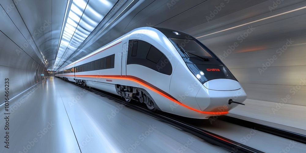 Poster dynamic train in motion, sleek design rushing through an expansive tunnel, blurred walls highlightin
