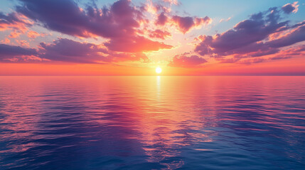 Fototapeta premium Vivid Sunset over Calm Ocean with Reflective Water