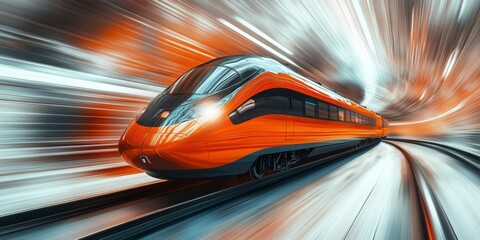 High-speed train in motion, sleek design racing through a dark tunnel, dynamic blur of tunnel walls enhancing the sense of speed