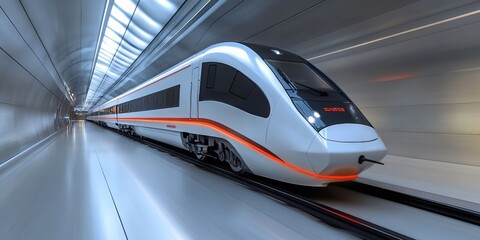 Fototapeta premium Dynamic train in motion, sleek design rushing through an expansive tunnel, blurred walls highlighting speed and energy, white backdrop enhances focus