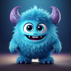 Naklejka premium Cute blue furry monster 3D cartoon character.