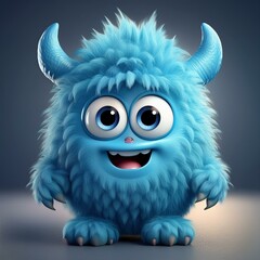 Fototapeta premium Cute blue furry monster 3D cartoon character.