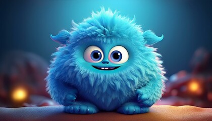 Fototapeta premium Cute blue furry monster 3D cartoon character