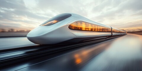 Obraz premium Dynamic train in motion, sleek design emphasizing speed, blurred surroundings enhancing focus on powerful front, minimalist white backdrop