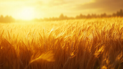 Obraz premium Golden Wheat Field Stretching to the Horizon with Radiant Sunrise in Rural Farmland