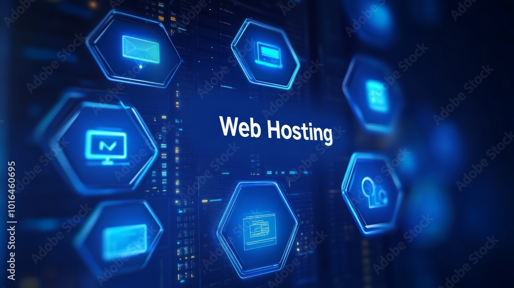 Poster web hosting services concept with icons and text.
