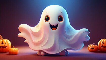 Cute halloween cartoon white boo ghost in 3d style