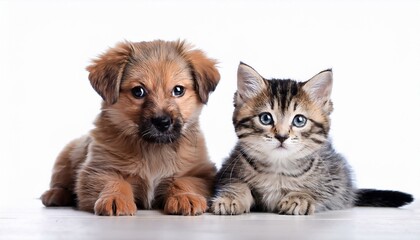 Obraz premium Cute little kitten cat and cute puppy dog together isolated on white background