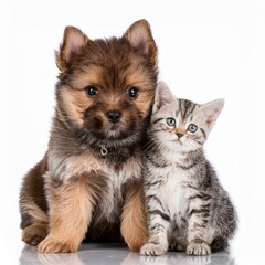 Cute little kitten cat and cute puppy dog together isolated on white background.