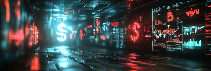 Futuristic Currency Exchange Hologram, dynamic floating symbols of global currencies, vibrant digital display, innovative financial technology representation