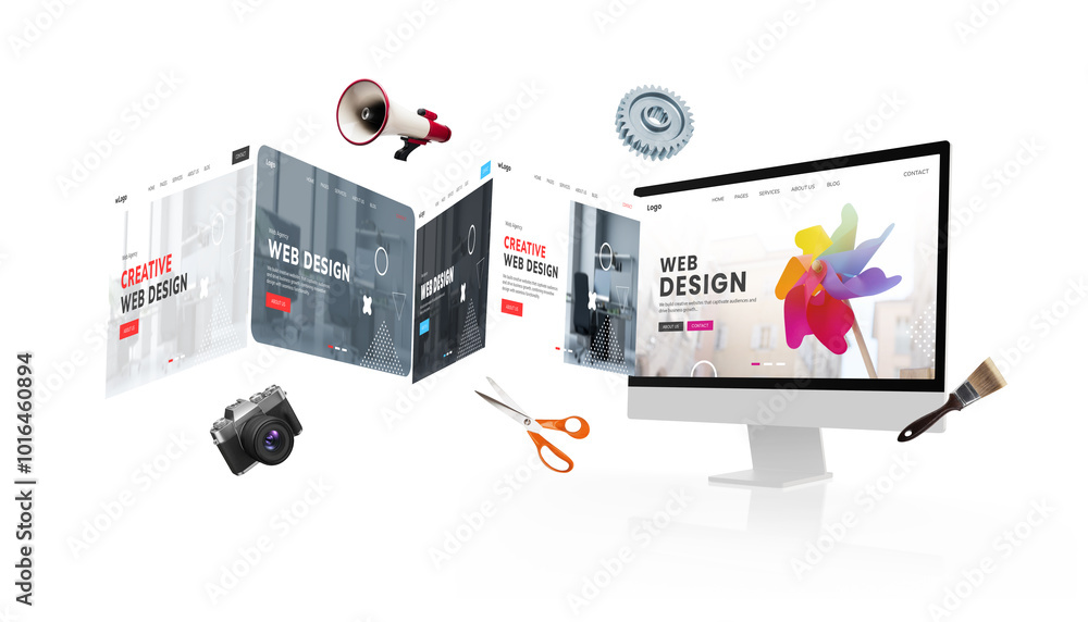 Poster Concept display of a web design studio with multiple websites fanning out, showcasing diverse styles and creativity in web development and design solutions