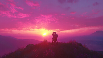 Obraz premium A Romantic Sunset: Capturing Love Against a Vibrant Sky of Pink and Lavender Hues