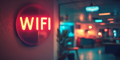 Neon WIFI Hologram in Modern Office, vibrant holographic display, softly blurred workspace, contemporary atmosphere, tech-savvy ambiance