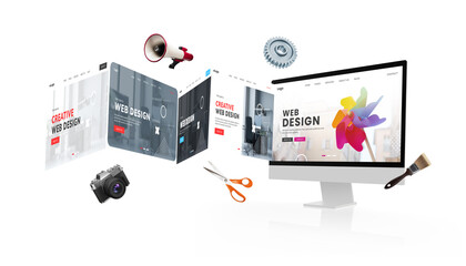 Concept display of a web design studio with multiple websites fanning out, showcasing diverse styles and creativity in web development and design solutions
