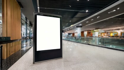 Digital media blank black and white screen modern panel signboard for advertisement design in shopping centre gallery, mock-up with blurred background, digital kiosk