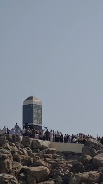 Mecca, Saudi Arabia on February 26, 2024. Jabal Rahmah in Arafah is the place where the Prophets Adam and Eve met after they were expelled from heaven.  This is the place where they ask for forgivenes
