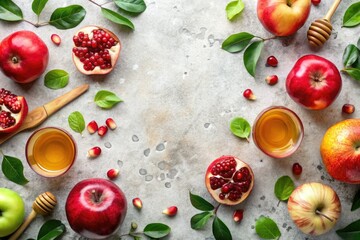A beautiful flat lay celebrating Rosh Hashana, featuring pomegranates, apples, honey, and vibrant green leaves against a white stone background, symbolizing a sweet new year.