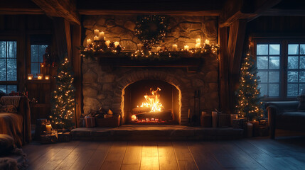 Rustic Stone Fireplace With Festive Christmas Tree And Candlelit Mantle Creating Holiday Warmth