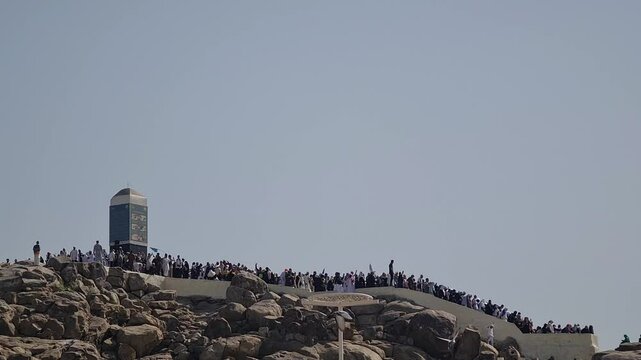 Mecca, Saudi Arabia on February 26, 2024. Jabal Rahmah in Arafah is the place where the Prophets Adam and Eve met after they were expelled from heaven.  This is the place where they ask for forgivenes