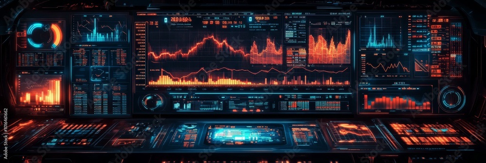Poster holographic financial dashboard, interactive display showcasing stock values, dynamic graphs, real-t