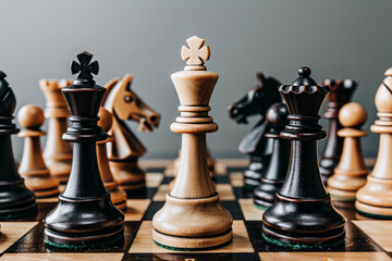 Fototapeta premium Beautiful chess piece standing on checkered game board during strategic game of chess