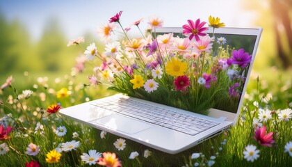 Flowers grew out of a white computer, surrounded by flowers and grass, spring garden, bright colors, with a dreamy atmosphere, blooming colors in bright daylight