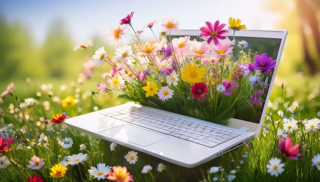Flowers grew out of a white computer, surrounded by flowers and grass, spring garden, bright colors, with a dreamy atmosphere, blooming colors in bright daylight