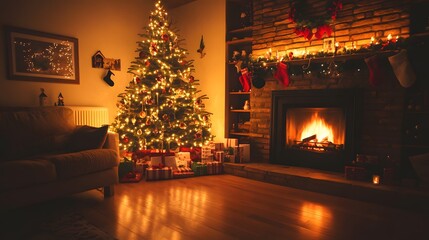 Decorated Christmas tree with presents and a fireplace in a cozy living room